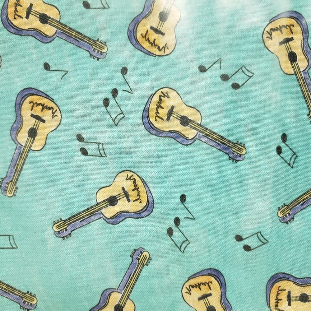 Tossed Guitars Cotton Fabric By The Yard 44" Wide Blue Tan Music Notes